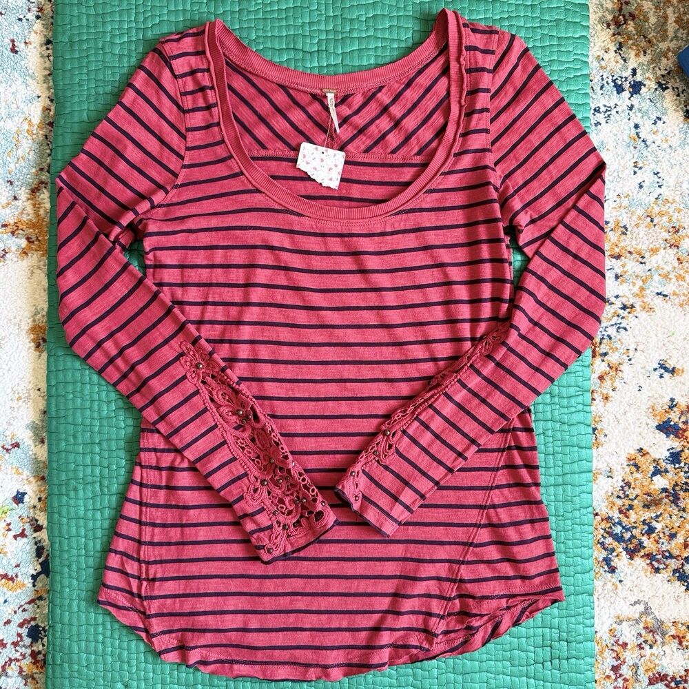 NWT FP We The Free Red Long Sleeve Perfect Oversized Tee Raw Edge Hem Sz L NEW